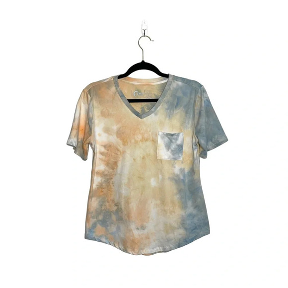 ZYIA Hendrix Dusk Go To Pocket Blue & Orange Tie-dye V-neck Tee Small Women’s - Picture 2 of 11